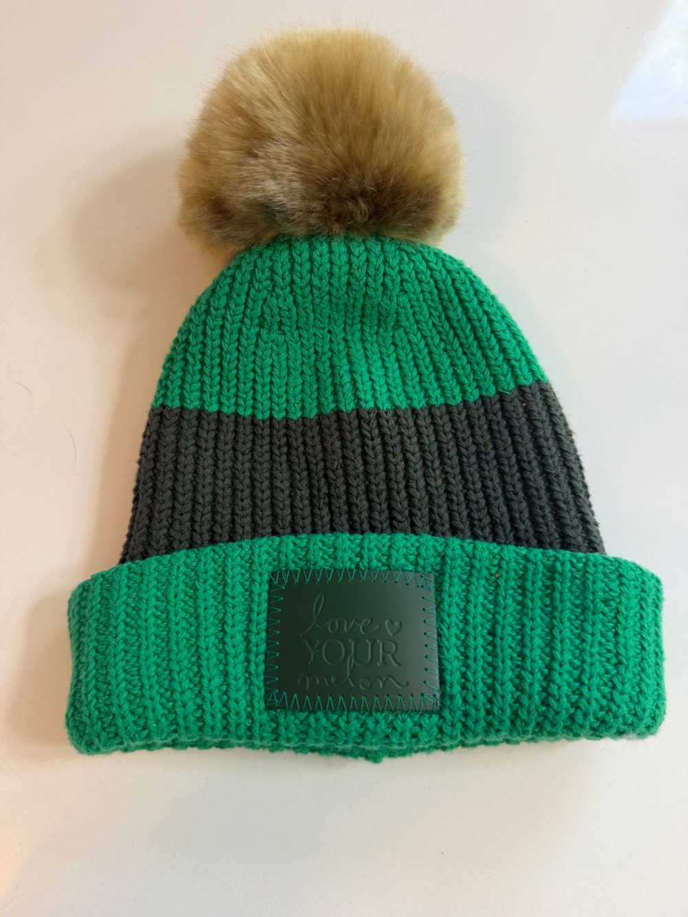 Love Your Melon Green & Gray Knit Beanie with Tan Faux-Fur Pom